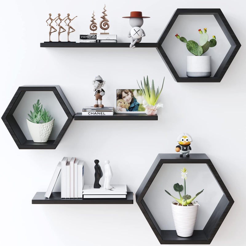 LUDORU Wooden Hexagon Floating Shelves Wall Mounted - Set of 6 Pine Wood Hexagon Shelves Display for Photos,Plants,Rustic Honeycomb Shelves for Living Room, Bedroom,Bathroom, Kitchen, Office Decor, Black. - Image 1