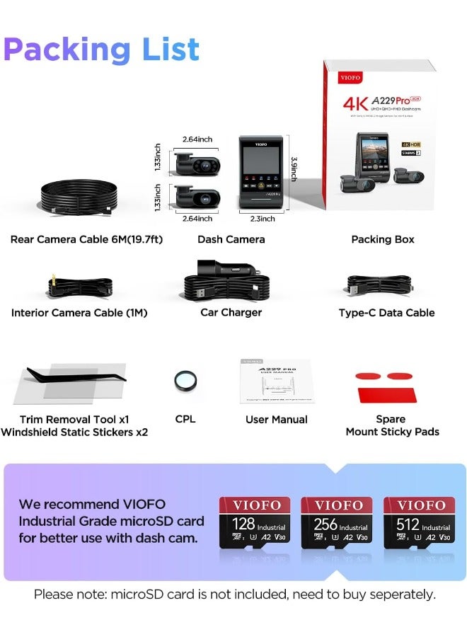 Viofo A229 Pro 3-Channel Dash Camera for Car – Dual Dash Cam Front & Rear, Car Dash Cam with GPS, Motion Detection, Parking Mode, 1080P HD Car Camera - Image 2