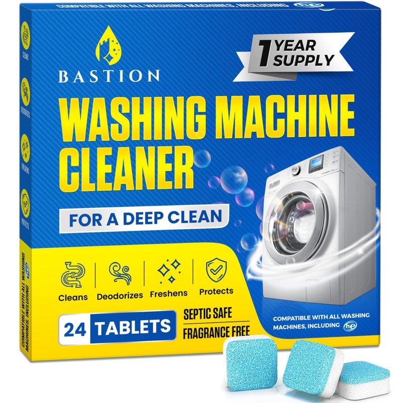 Bastion Washing Machine Cleaner Tablets 24 pack Powerful Descaler -Deep Cleaning for HE Front Loader & Top Load Washer Septic Safe Eco-Friendly Deodorizer Clean Drum & Laundry Tub Seal- Year's Supply - Image 1