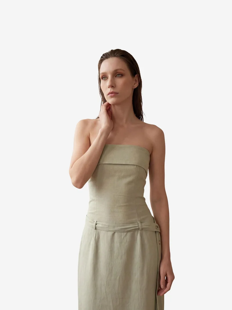 My Fashion Sage Green MY FASHION Strapless Maxi Dress with Belt for Women | Best Price UAE