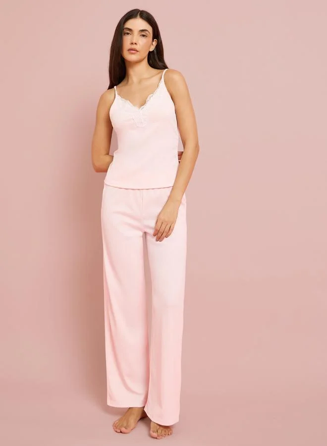 ستايلي Pink Contrast Lace Detail Cami and Pyjama Set