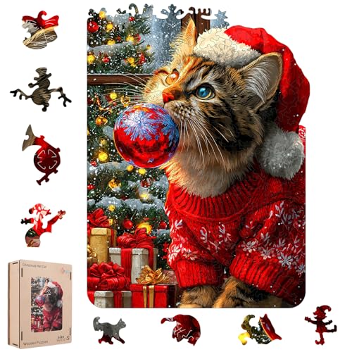 MEATRN Christmas Hat Cat Jigsaw Puzzles 200 Pcs Handmade Wooden Puzzle with Unique Shapes Stress Relief Educational Fun Family Game Night 89121 Inch Best Gift for Friends - Image 1