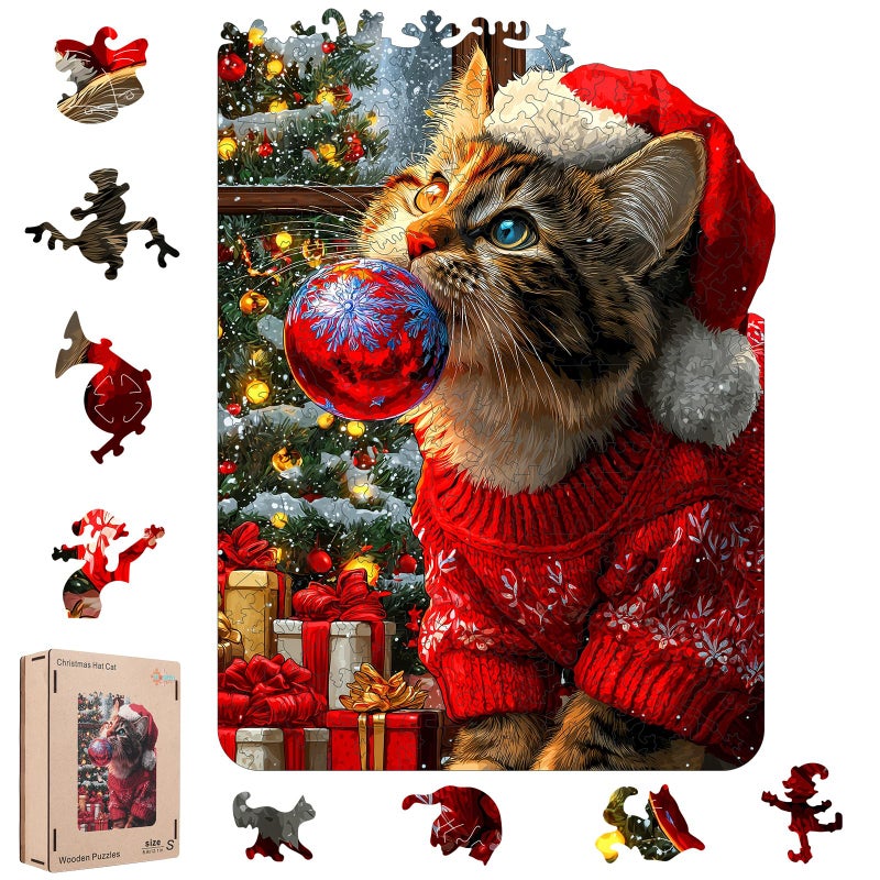 MEATRN Christmas Hat Cat Jigsaw Puzzles 200 Pcs Handmade Wooden Puzzle with Unique Shapes Stress Relief Educational Fun Family Game Night 89121 Inch Best Gift for Friends - Image 3
