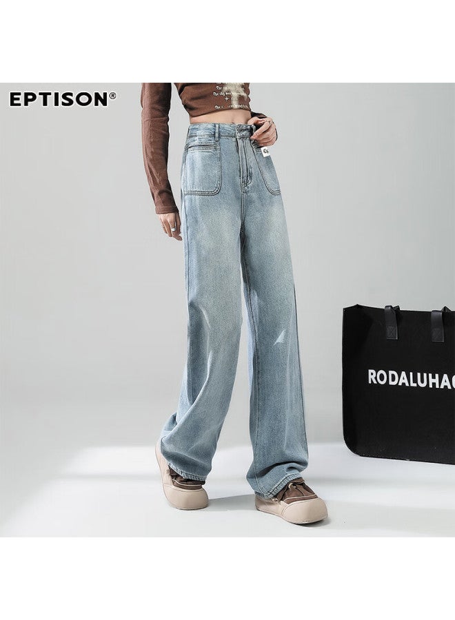 EPTISON Yipintiancheng Fall High-waisted Straight-leg Jeans For Women, Vintage Washed Long Pants, Loose-fitting Slimming Wide-leg Trousers For Wome - Image 4