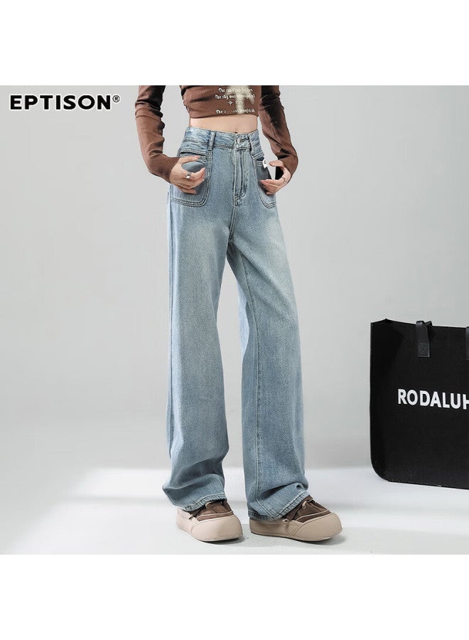 EPTISON Yipintiancheng Fall High-waisted Straight-leg Jeans For Women, Vintage Washed Long Pants, Loose-fitting Slimming Wide-leg Trousers For Wome - Image 2