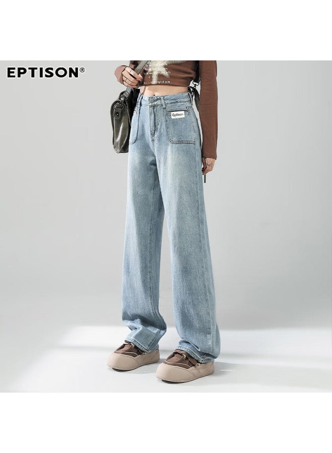 EPTISON Yipintiancheng Fall High-waisted Straight-leg Jeans For Women, Vintage Washed Long Pants, Loose-fitting Slimming Wide-leg Trousers For Wome - Image 1