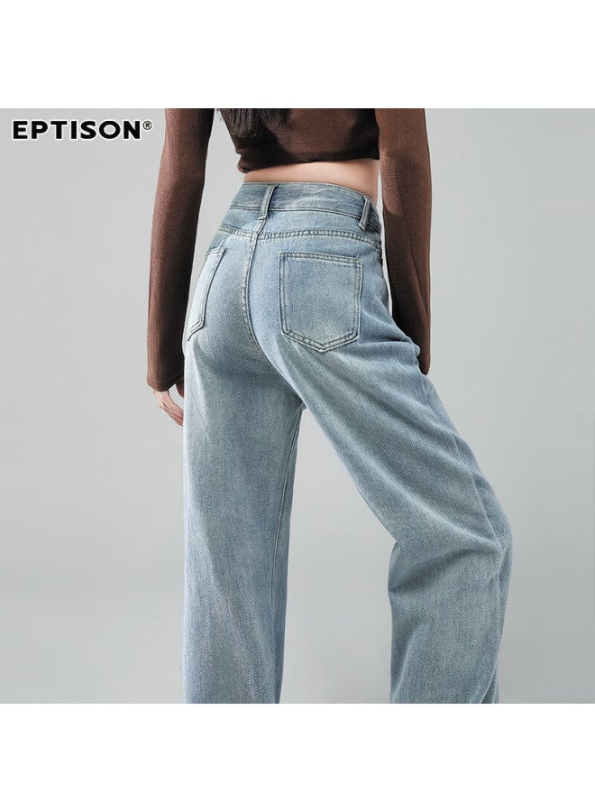 EPTISON Yipintiancheng Fall High-waisted Straight-leg Jeans For Women, Vintage Washed Long Pants, Loose-fitting Slimming Wide-leg Trousers For Wome - Image 3