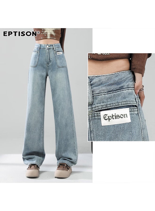 EPTISON Yipintiancheng Fall High-waisted Straight-leg Jeans For Women, Vintage Washed Long Pants, Loose-fitting Slimming Wide-leg Trousers For Wome - Image 5