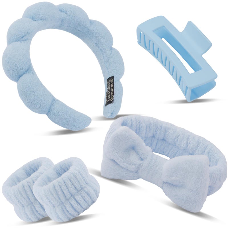 Canitor Spa Headband Wrist Bands Set with Hair Clips Skincare for Washing Face Skin Care Puffy Makeup Preppy Teen Girl Gifts Cute Trendy Stuff Hair Accessories for Women (blue) - Image 1