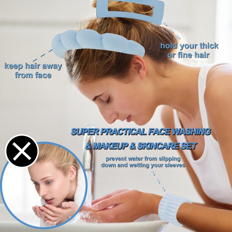 Canitor Spa Headband Wrist Bands Set with Hair Clips Skincare for Washing Face Skin Care Puffy Makeup Preppy Teen Girl Gifts Cute Trendy Stuff Hair Accessories for Women (blue) - Image 2