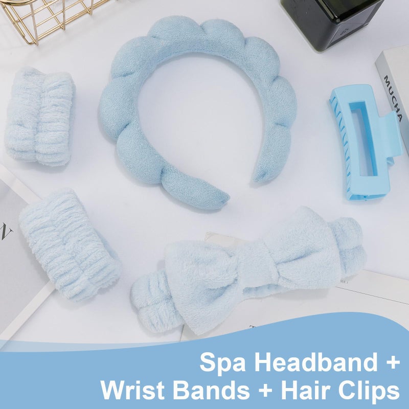 Canitor Spa Headband Wrist Bands Set with Hair Clips Skincare for Washing Face Skin Care Puffy Makeup Preppy Teen Girl Gifts Cute Trendy Stuff Hair Accessories for Women (blue) - Image 3