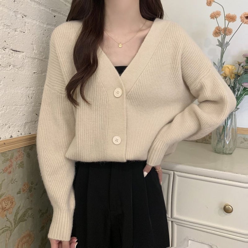 Vintage V-Neck Knit Cardigan Sweater Autumn 2024 1459 apricot 