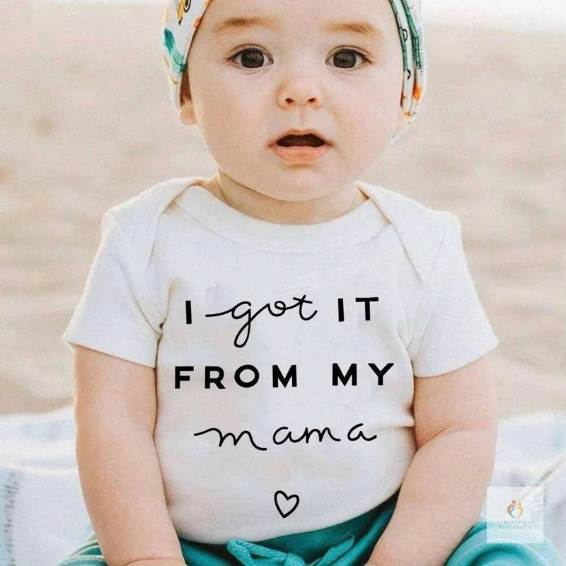 Matching Family Outfits Funny Baby Bodysuit “I Got It From My Mama” – Cute Infant Cotton Romper, Short Sleeve Newborn Outfit, Unisex Baby Clothes, Trendy Baby Shower Gift for Boys and Girls (WHITE)