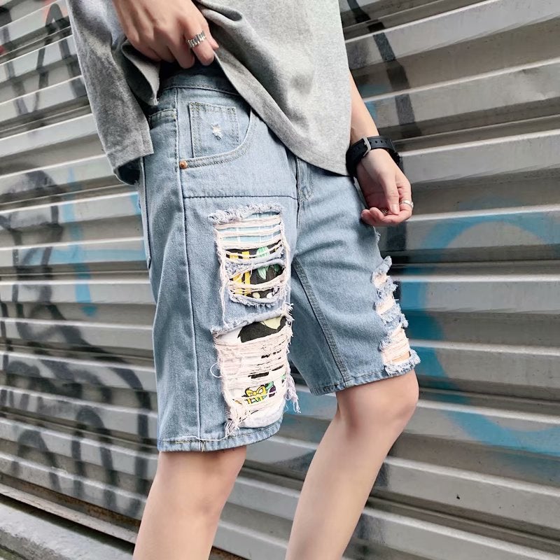 Summer Boys Denim Shorts 2021 Popular Thin Personalized Ripped Cropped Casual Pants Loose Zipper Middle Pants - Image 5