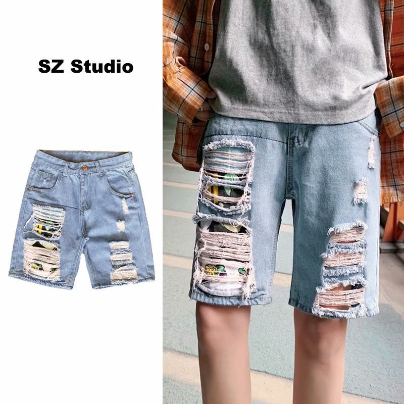Summer Boys Denim Shorts 2021 Popular Thin Personalized Ripped Cropped Casual Pants Loose Zipper Middle Pants - Image 2