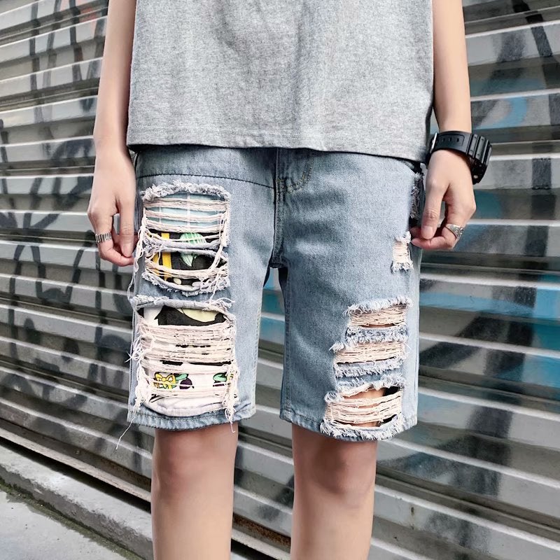 Summer Boys Denim Shorts 2021 Popular Thin Personalized Ripped Cropped Casual Pants Loose Zipper Middle Pants - Image 4