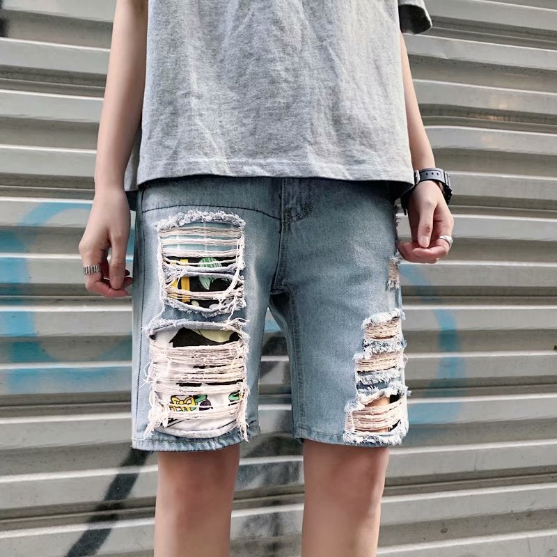 Summer Boys Denim Shorts 2021 Popular Thin Personalized Ripped Cropped Casual Pants Loose Zipper Middle Pants - Image 3