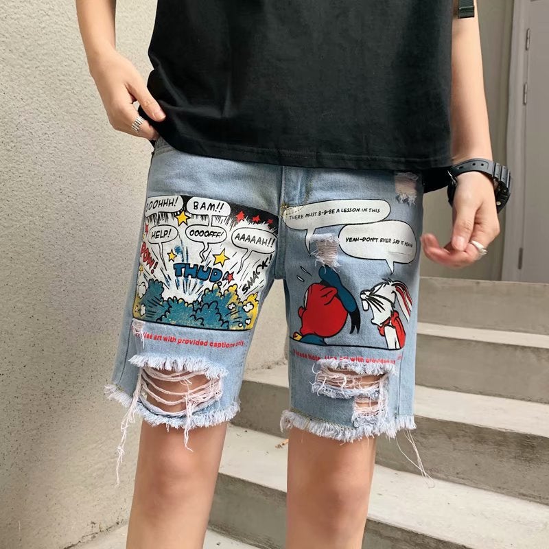 Summer Boys Denim Shorts 2021 Popular Thin Personalized Ripped Cropped Casual Pants Loose Zipper Middle Pants - Image 1