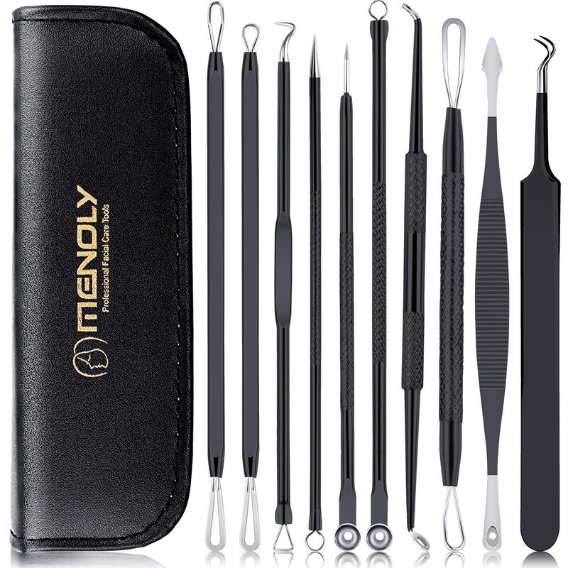 MENOLY Pimple Popper Tool Kit 10 Pcs Blackhead Remover Tool Zit Popper for Blemish, Pimple Comedone Extractor Acne Tool for Blackheads, Acnes, Whiteheads Nose Face Tools with Leather Bag - Image 1