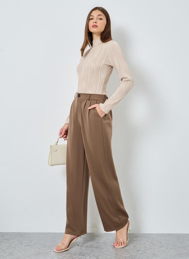 ستايلي بنطال سادة بأرجل واسعة وكسرات - Image 1