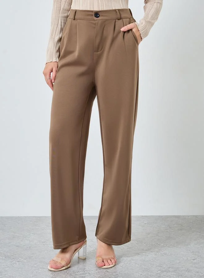 Styli Styli Women Khaki Solid Pleated Wide Leg Pants