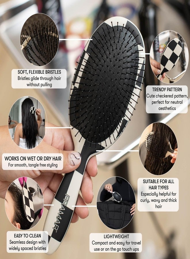 FRAMAR Checkered Print Hair Brush Detangler – Wet Hair Brushes For Women, Womens Hair Brush, Black and White Checkered Hair Accessories, Hairbrush For Women, Cepillos Para Cabello – Detangle Brush - Image 2
