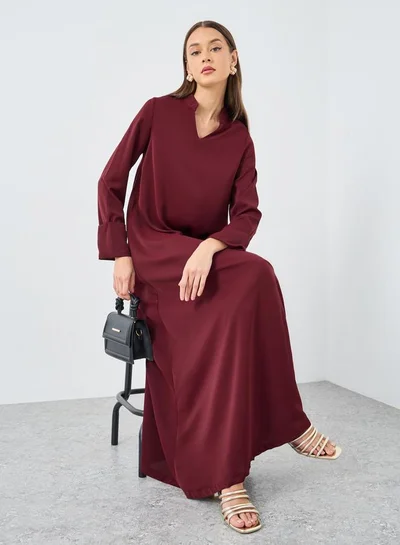 Styli Styli Women Burgundy Stand Collar Jalabiya with Sleeve Cuff Detail