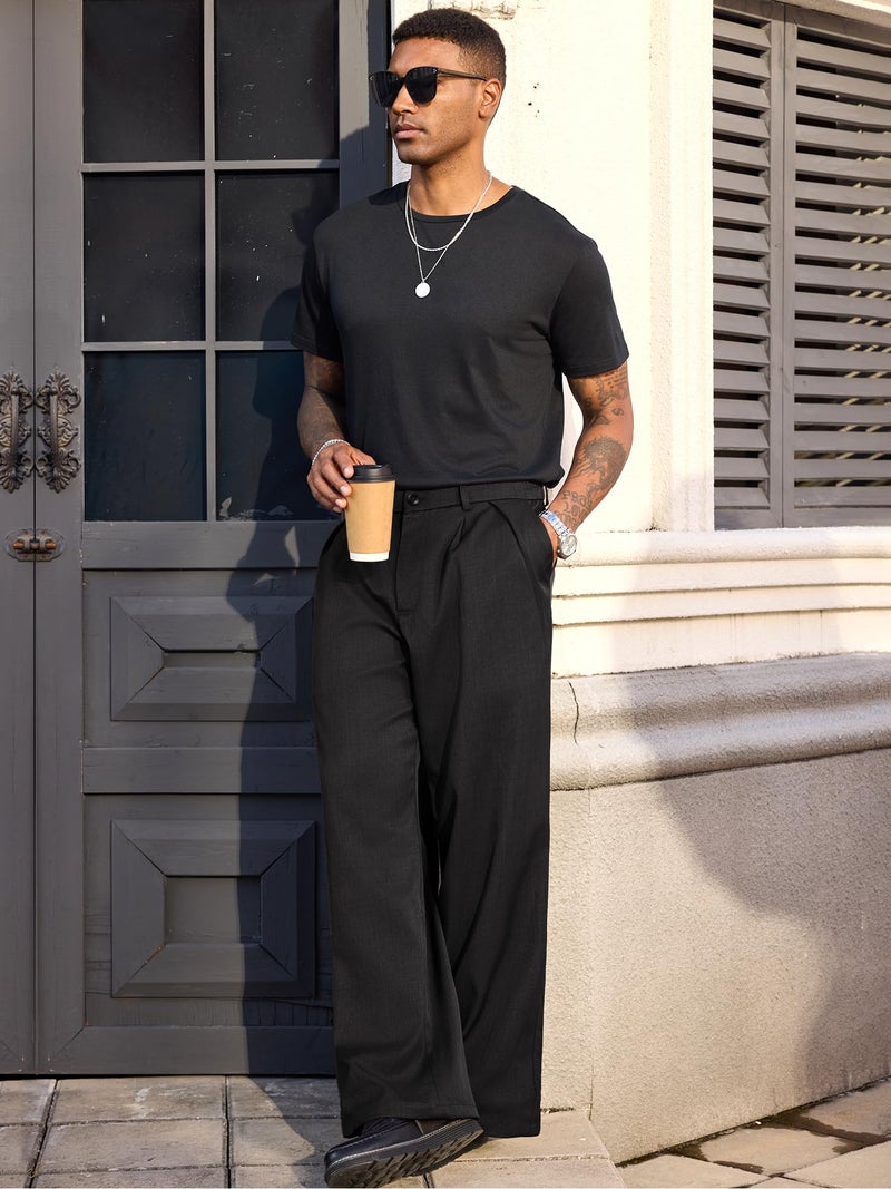 PLEPAN Men's Wide Leg Dress Pants Baggy Pleated Casual Trousers Relaxed Fit Elastic Waist Business Slacks with Pockets Black XX-Large - Image 3