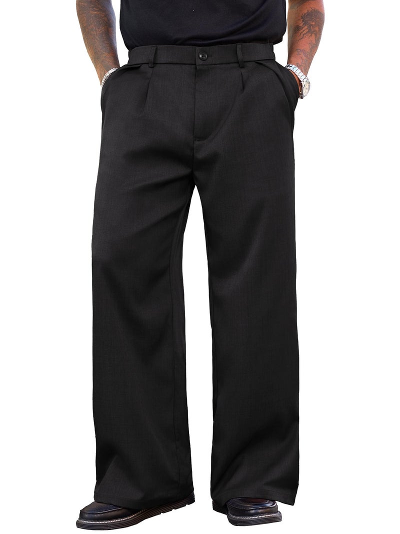 PLEPAN Men's Wide Leg Dress Pants Baggy Pleated Casual Trousers Relaxed Fit Elastic Waist Business Slacks with Pockets Black XX-Large - Image 1