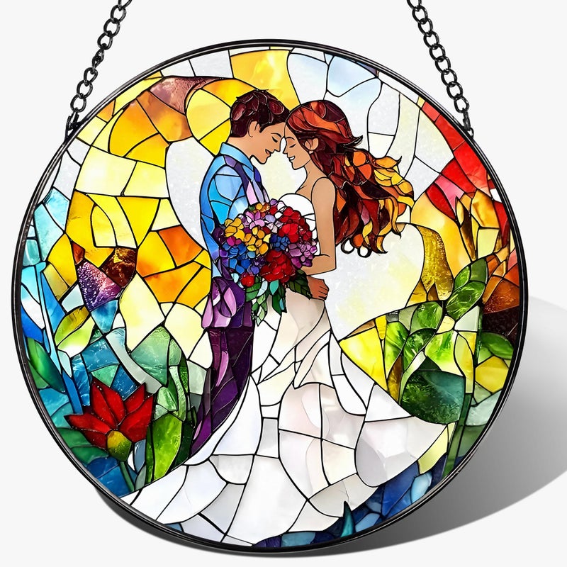 LAOWEIKI 8'' Romantic Couple Wedding Sun Catcher Ornament, Stained Glass Window Hanging, Suncatchers for Windows Hanging Ornaments, Window Decor | Ideal Gift, Wedding Gift, Gifts for Couple & Newlywed - Image 1