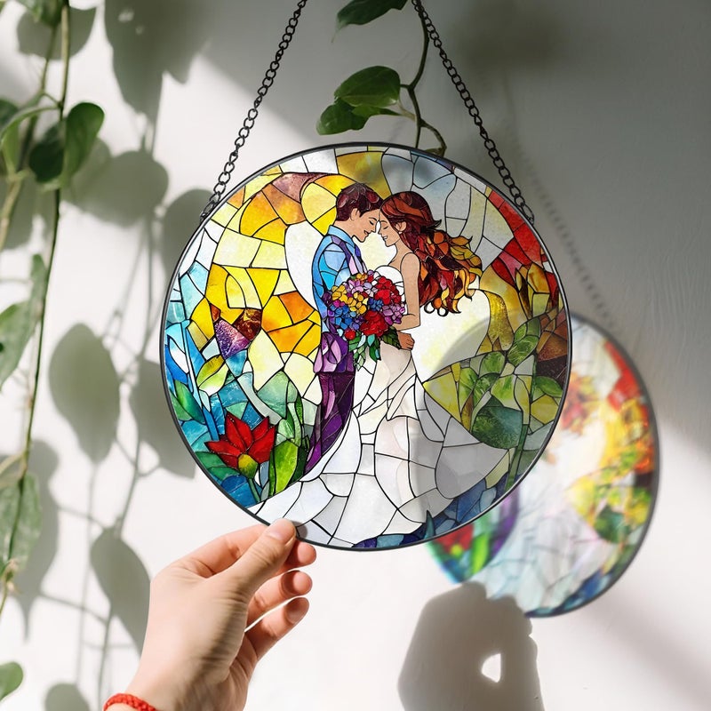 LAOWEIKI 8'' Romantic Couple Wedding Sun Catcher Ornament, Stained Glass Window Hanging, Suncatchers for Windows Hanging Ornaments, Window Decor | Ideal Gift, Wedding Gift, Gifts for Couple & Newlywed - Image 3