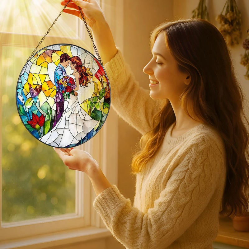 LAOWEIKI 8'' Romantic Couple Wedding Sun Catcher Ornament, Stained Glass Window Hanging, Suncatchers for Windows Hanging Ornaments, Window Decor | Ideal Gift, Wedding Gift, Gifts for Couple & Newlywed - Image 2