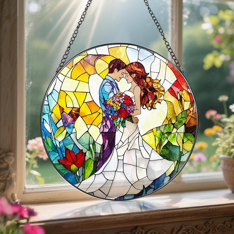 LAOWEIKI 8'' Romantic Couple Wedding Sun Catcher Ornament, Stained Glass Window Hanging, Suncatchers for Windows Hanging Ornaments, Window Decor | Ideal Gift, Wedding Gift, Gifts for Couple & Newlywed - Image 5