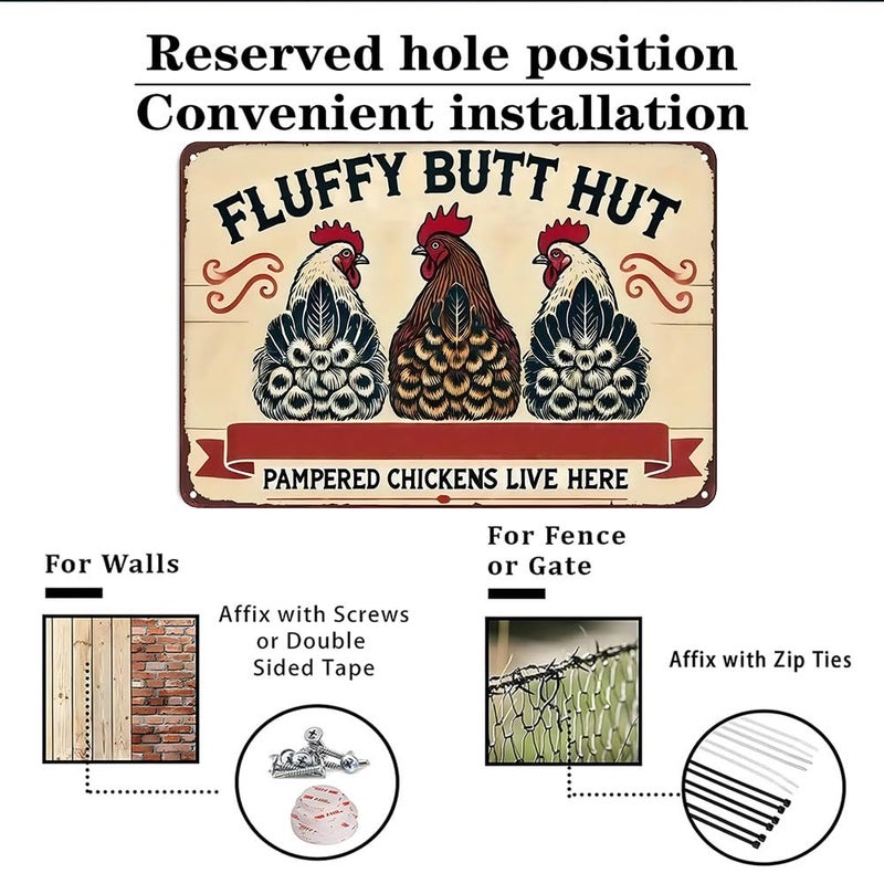 Funnysign Vintage Fluffy Butt Hut Pampered Chickens Live Here Chicken Tin Sign for Chicken Coop Farm Kitchen Garden Yard Decor 8x12 inch (3940) - Image 3