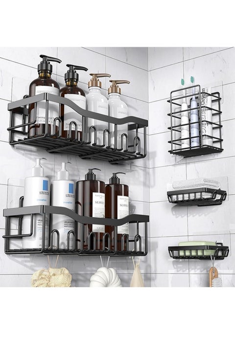 5-Piece Shower Shelf Set – Wall Mounted Bathroom Organizer Racks with Adhesive – Rustproof Storage Basket for Shampoo, Soap, Towels & Accessories – No Drill Easy Installation