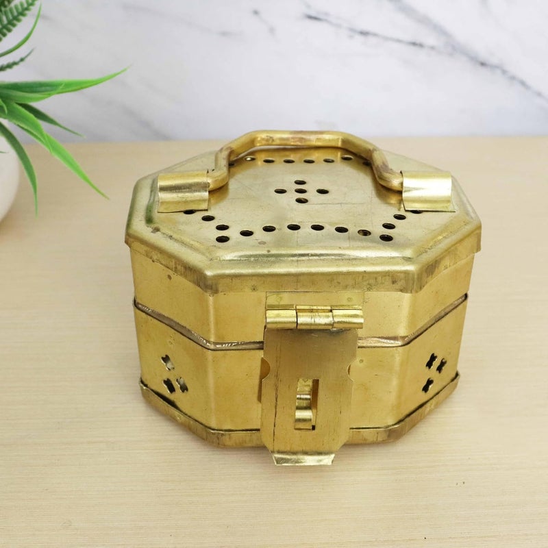 Putrika Traditional Brass Jewellery BoxVintage Style Lockable Storage Container Multipurpose storage boxStorage Container Treasure BoxCash BoxWeight 320gm hexogen box with hole - Image 1