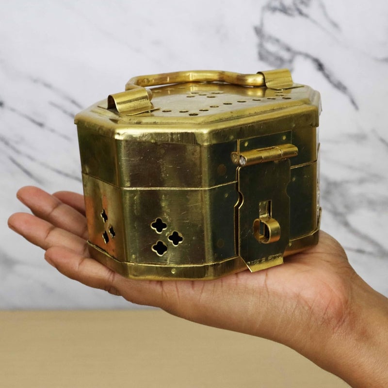 Putrika Traditional Brass Jewellery BoxVintage Style Lockable Storage Container Multipurpose storage boxStorage Container Treasure BoxCash BoxWeight 320gm hexogen box with hole - Image 3
