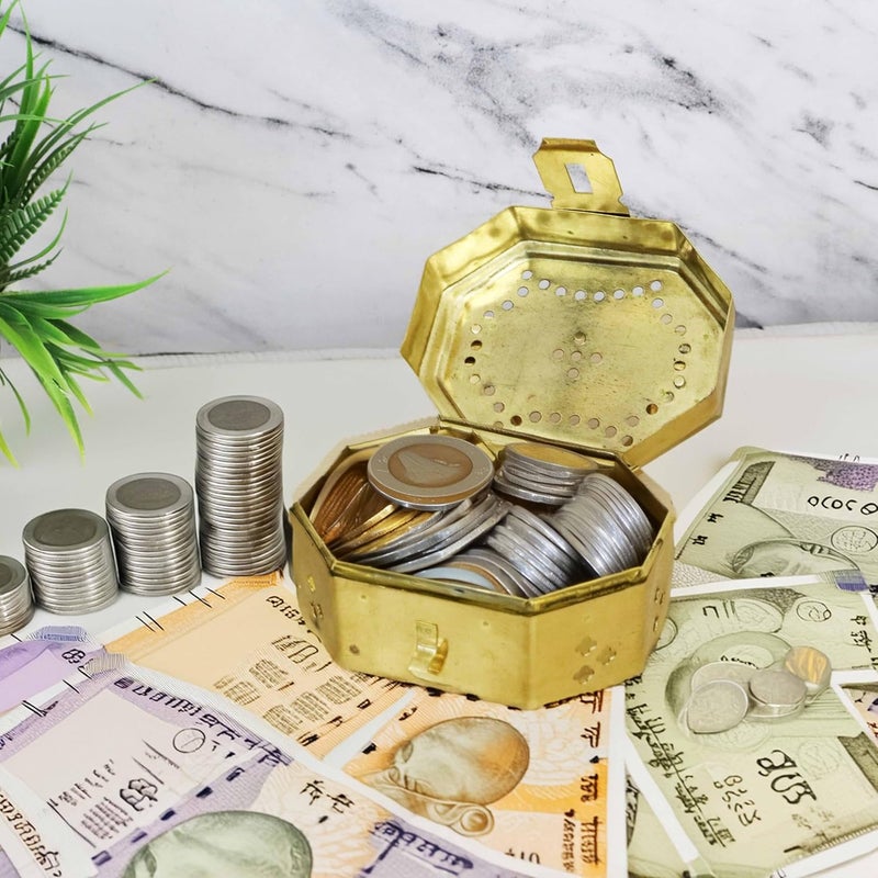 Putrika Traditional Brass Jewellery BoxVintage Style Lockable Storage Container Multipurpose storage boxStorage Container Treasure BoxCash BoxWeight 320gm hexogen box with hole - Image 5