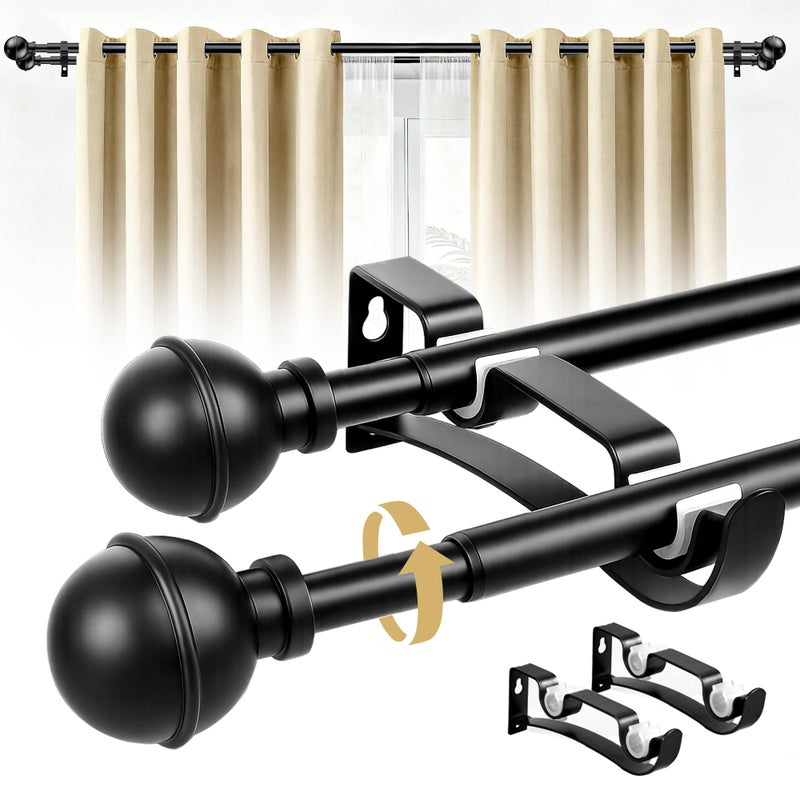 Guankai Adjustable Double Curtain Rods for Windows Set 30 to 57 Inch, Black Curtains Rod with 2PCS Brackets, Small Extra Long 5/8" Diameter Blackout Cortineros Para Ventanas for Bedroom, Living Room - Image 1