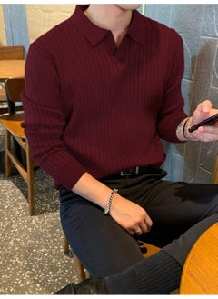 Cool Tarz Cool Style Claret Red Men's Polo Collar Ribbed Knitwear Sweater  - Image 5