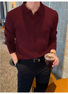 Cool Tarz Cool Style Claret Red Men's Polo Collar Ribbed Knitwear Sweater  - Image 1