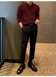 Cool Tarz Cool Style Claret Red Men's Polo Collar Ribbed Knitwear Sweater  - Image 2