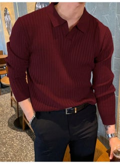 Cool Tarz Cool Style Claret Red Men's Polo Collar Ribbed Knitwear Sweater  - Image 4