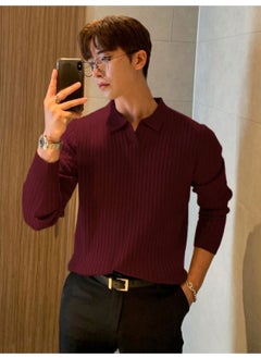 Cool Tarz Cool Style Claret Red Men's Polo Collar Ribbed Knitwear Sweater  - Image 3
