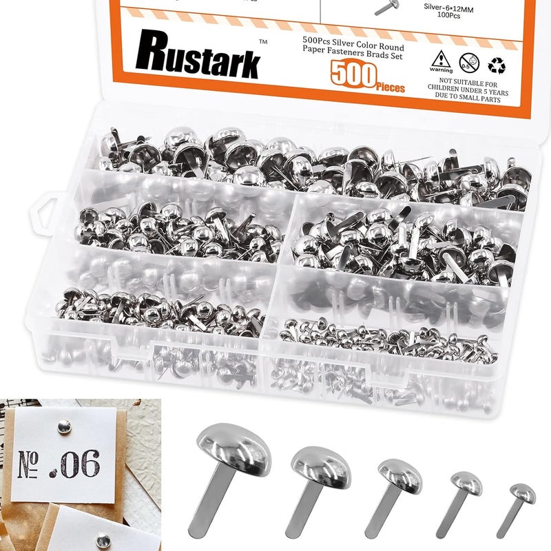 Rustark 500PCS 5 Sizes Silver Paper Fasteners Round Brads Fasteners Assortment Kit Mushroom Head Paper Fasteners Brass Metal Brads Scrapbooking Decorative Paper Crafts School DIY Art Project Supplies - Image 1