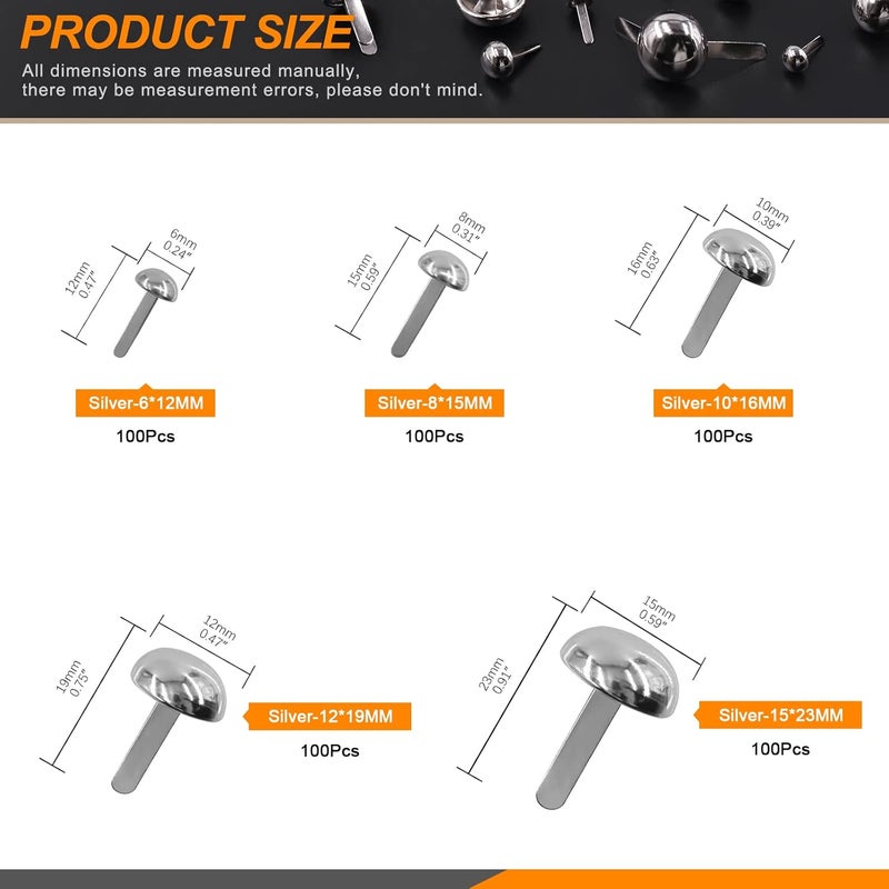 Rustark 500PCS 5 Sizes Silver Paper Fasteners Round Brads Fasteners Assortment Kit Mushroom Head Paper Fasteners Brass Metal Brads Scrapbooking Decorative Paper Crafts School DIY Art Project Supplies - Image 2