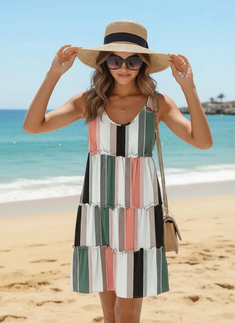 ETCYY Sundresses for Women 2026 Vacation Swimsuit Cover Ups Boho Floral Beach Dress T-Shirts Tank Dresses,Block Green,Medium - Image 3