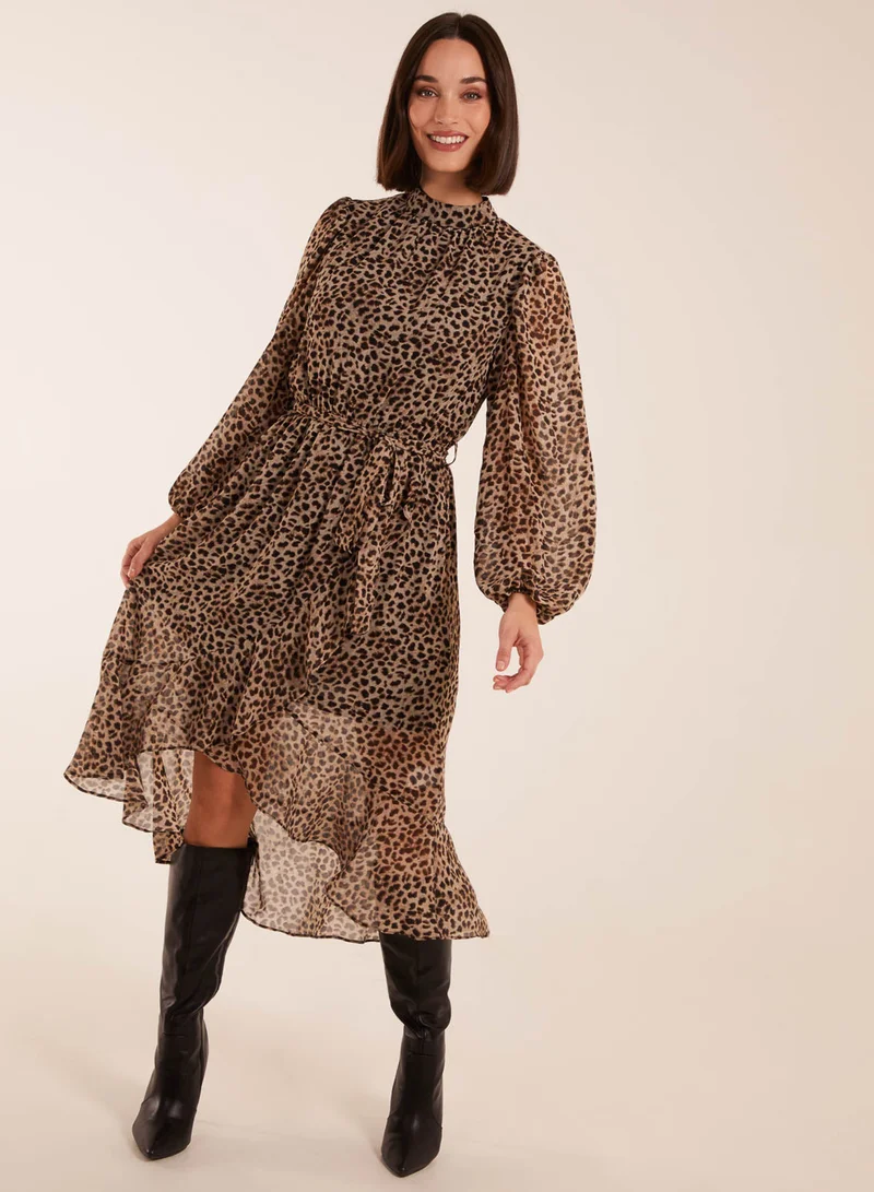 بلو فانيلا Leopard Print High Neck Wrap Frill Hem Midi Dress