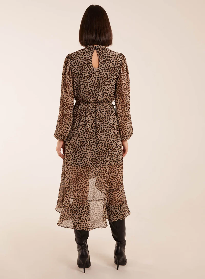 بلو فانيلا Leopard Print High Neck Wrap Frill Hem Midi Dress