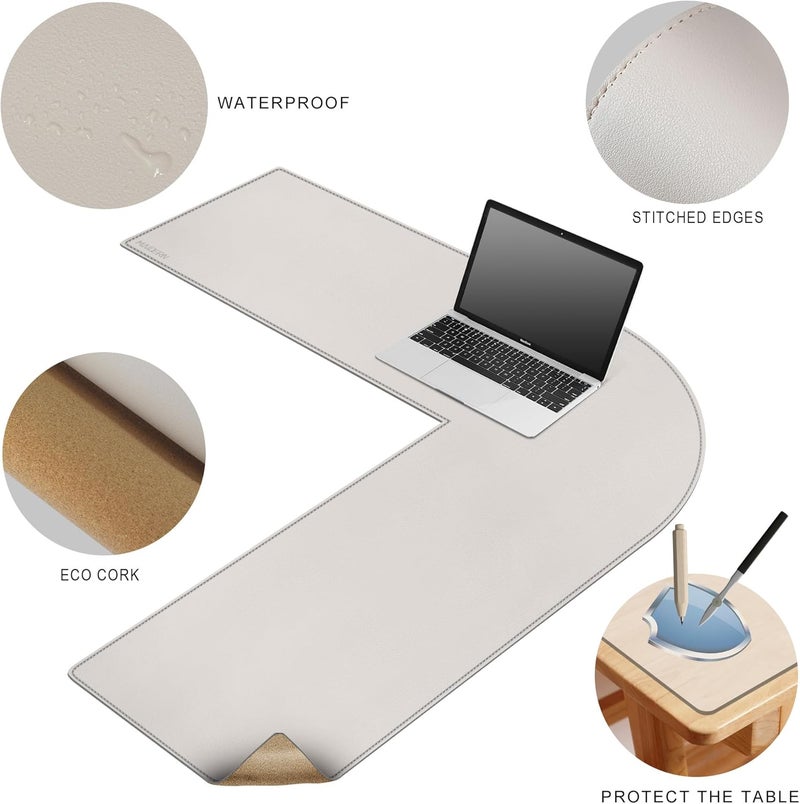 MAIDERN حصيرة مكتب زاوية من مايديرن، جلد وفلين، 100 × 100 × 33 سم، حصيرة طاولة مزدوجة الوجه، حصيرة فأرة كبيرة جدًا على شكل حرف L، حماية مكتب مقاومة للماء، حصيرة طاولة للمكتب والمنزل (كريمي) - Image 3